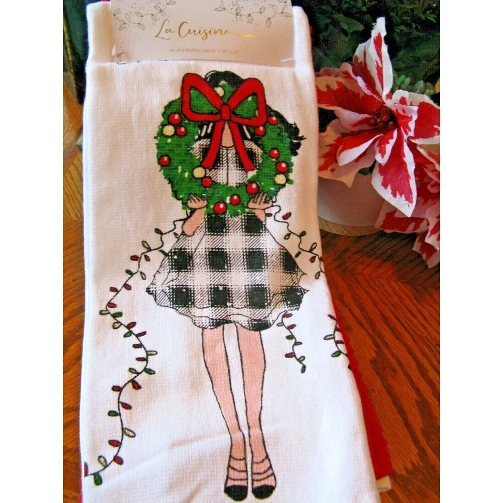New Christmas Lady w/ Wreath & Buffalo Check Dress Kitchen Hand Towels Set of 4